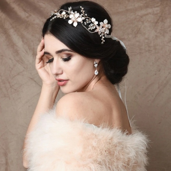 Romantic Rose Gold Flower Crystal Pearl Tiara Headdress - Picture 2 of 16